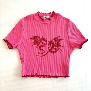 Pink Bedazzled Dragon ribbed crop top stretchy Junior M or‎ Women’s Size S